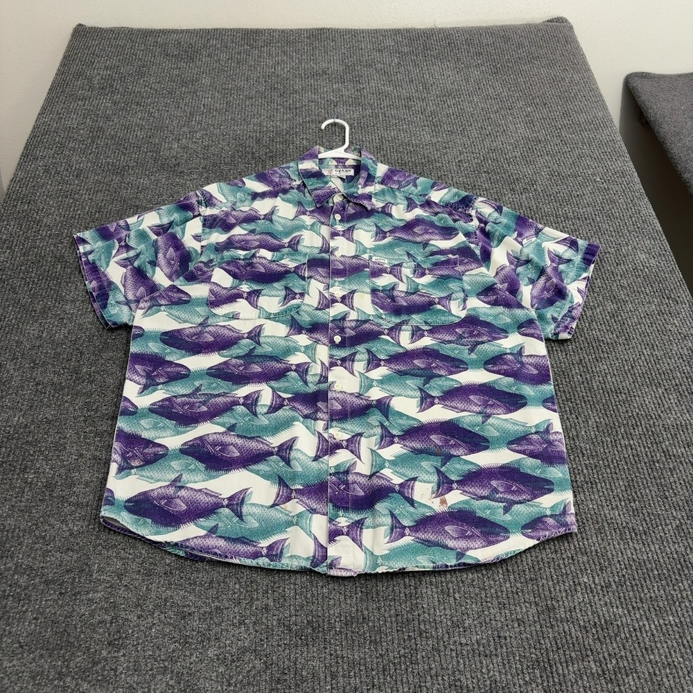 Vintage Guess Shirt Mens XL White Cotton Fish Print Short Sleeve Button Up 90s